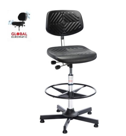 Krzesło warsztatowe Prestige z podnóżkiem posiada regulowane oparcie i siedzisko wykonane z miękkiej pianki poliuretanowej.