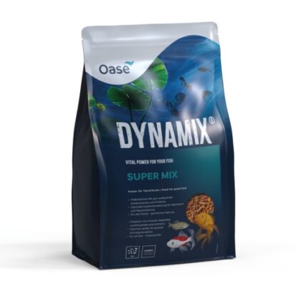 Pokarm dla ryb Oase Dynamix Super Mix 4L dla wszystkich ryb ozdobnych i karpi koi o mieszanej hodowli w oczkach wodnych.